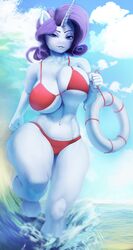 5_fingers anthro anthrofied big_breasts bikini breasts cleavage clothed clothing cloud curvaceous cutie_mark female fingers friendship_is_magic hair hi_res horn lifeguard looking_at_viewer maarthul my_little_pony navel outside purple_hair rarity_(mlp) smooth_skin solo swimwear thick_thighs underboob water