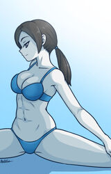 1girls abs akairiot black_hair blue_bra blue_panties bra breasts casual clothing female female_only highres long_hair matching_underwear nintendo pale_skin panties ponytail silver_eyes smile solo splits sportswear spread_legs super_smash_bros. thong tied_hair underwear underwear_only wide_hips wii_fit wii_fit_trainer