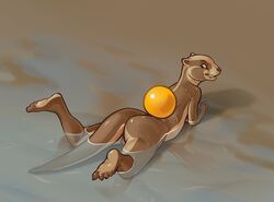 anthro ass ball beach female grin kajari looking_at_viewer looking_back lying mammal mustelid nude on_front otter outside pussy sand seaside simple_background solo water wet