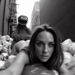 1girls ai_generated alley brown_hair celebrity dall-e3 doggy_style garbage garbage_bags green_fur implied_sex kate_middleton light-skinned_female looking_at_viewer muppets naked naked_female nude nude_female oscar_the_grouch prone_bone puppet real_person sesame_street tagme the_muppet_show trash trash_bag