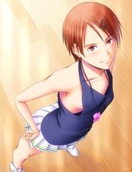 1girls aida_riko blouse blush bonnie_(rsg) breasts brown_eyes brown_hair female female_only kuroko_no_basuke looking_at_viewer miniskirt nipples shiny_skin shoes small_breasts smile solo