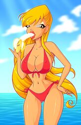 1girls ass_visible_through_thighs banana belly big_breasts bikini blonde_hair breasts busty cleavage color covered_breasts covered_nipples erect_nipples eyeshadow female_only food food_play hourglass_figure large_breasts legs lipstick long_hair looking_at_viewer makeup mascara navel nipple_bulge rainbow_(animation_studio) sexually_suggestive solo stella_(winx_club) suggestive_food swimsuit thighs thin_waist very_long_hair voluptuous wasp_waist winx_club yellow_eyes zfive