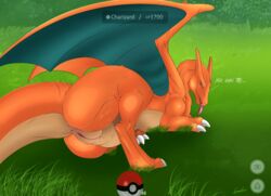 1girls anus ass blue_eyes charizard claws dragon fangs feet female feral grass kaeku nintendo nude outdoors poke_ball pokemon pokemon_(species) pokemon_go pose pussy reptile scalie solo teasing text tongue tongue_out unfinished video_games wings