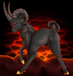 anus breasts caprine cloven_hooves crotchboobs crotchboobs_visible_through_thighs demon ear_piercing female furry goat hell hooves horn mammal nipples non-human_areolae piercing poisindoodles presenting pussy raised_tail