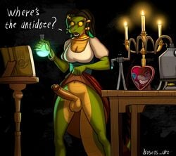 angry balls big_penis breasts candle cleavage clothed clothing dialogue dickgirl english_text erection futa_only futanari grin intersex kostos_art light lizard mirror penis potion raised_skirt reptile saliva scalie solo solo_futa teeth text