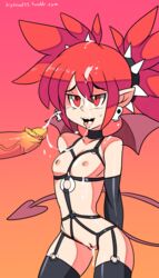 bigdeadalive black_gloves black_legwear bondage_outfit breasts choker cum cum_in_pussy cum_inside demon_girl disgaea earrings elbow_gloves etna facial flat_chest garter_straps gloves gradient gradient_background male nipples open_mouth penis pointy_ears pussy red_eyes red_hair skull_earrings solo_focus spikes straight tail thighhighs tied_hair twintails wings