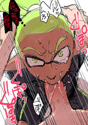 2boys color crying_with_eyes_open cum_in_mouth drooling erection fellatio forced gay green_hair hand_on_head inkling looking_at_viewer male_only multiple_boys penis restrained rider_(splatoon) saliva sitting splatoon splatoon_(manga) tears tentacle_hair thrusting yaoi