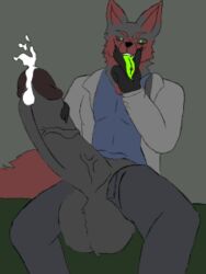 2019 anthro balls big_balls big_penis canid canine claws clothing cum cumshot ejaculation erection fox fur glowing glowing_eyes glowing_tongue grateos_(character) huge_balls humanoid_penis hyper hyper_balls hyper_penis looking_at_viewer low_res male mammal masturbation open_mouth open_pants orgasm penile_masturbation penis piercing simple_background sitting smile solo timejumpingfox tongue tongue_out vein veiny_penis