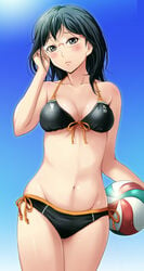 1girls bare_shoulders bikini black_hair black_panties blue_background blue_eyes breasts female female_only glasses haikyuu!! large_breasts legs looking_at_viewer shimizu_kiyoko shiny_skin short_hair solo stomach volleyball