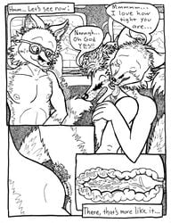 2016 anal anal_sex animal_genitalia animal_penis anthro ass balls black_and_white canine canine_penis comic cum cum_in_ass cum_inside dialogue drugs duo english_text erection fox fur hair internal knot male male_only mammal monochrome nipples nude open_mouth penetration penis sex simple_background smile teeth text tongue tongue_out triadfox white_fur yaoi