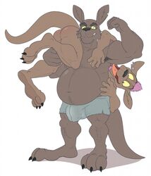 2016 age_difference anthro anti_dev armpits ass barefoot belly biceps black_nose brown_fur bulge canine clothing duo ear_piercing facial_hair father_and_son fur furry gunnar gunnar's_dad incest jewelry kangaroo licking male male_only mammal marsupial musclegut nipples piercing pink_hair simple_background slightly_chubby tongue tongue_out tongue_piercing underwear white_background