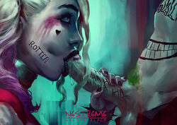 1boy 1girls :>= batman_(series) blonde_hair blowjob celebrity choker dc dc_extended_universe duo fellatio female harley_quinn harley_quinn_(dceu) human joker long_hair male margot_robbie multicolored_hair n6str6m6 nail_polish oral pants partial_male penis pink_hair pubic_hair runny_makeup shirt straight suicide_squad tattoo tattoos tongue tongue_out