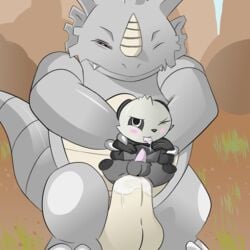 anal balls big_balls cum cum_in_ass cum_inside drooling erection highres male nintendo outdoors pancham pawn pawn_(artist) penis pokemon pokemon_(species) precum rhydon saliva sex size_difference stomach_bulge yaoi