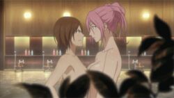 2girls aida_riko animated bath breasts brown_eyes brown_hair kuroko_no_basuke medium_breasts momoi_satsuki multiple_girls night nude pink_eyes pink_hair short_hair small_breasts wet