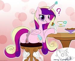 2016 alicorn anus ass chair clitoral_winking clitoris cookie cup cutie_mark duo eating english_text equine feathered_wings feathers female feral food friendship_is_magic fur hair horn looking_at_viewer looking_back magic male mammal multicolored_hair my_little_pony n0nnny pink_fur princess_cadance_(mlp) pussy shining_armor_(mlp) text unicorn wings