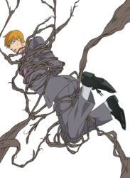 1boy arataka_reigen beige_skin clothed clothing color full_body lifting looking_at_viewer male male_only mob_psycho_100 necktie orange_hair restrained simple_background socks solo suit sweat tentacle tentacle_on_male white_background