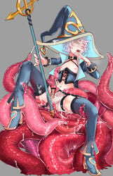 1boy awii blush choker colored_eyelashes crossdressing full_body garters green_eyes grey_background half-closed_eyes hat heart high_heels looking_at_viewer mage male navel nipples one_eye_closed open_mouth original simple_background solo tentacle tentacle_on_male thighhighs trap weapon white_hair witch_hat zettai_ryouiki