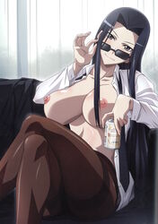 1girls 5_fingers adjusting_eyewear adjusting_glasses adjusting_sunglasses black_eyes black_hair blush breasts crossed_legs erect_nipples eyebrows eyelashes female female_only glasses grey_eyes hands human human_only kuroko_smith large_breasts legs long_hair looking_at_viewer looking_over_eyewear looking_over_glasses looking_over_sunglasses monster_musume_no_iru_nichijou nipples open_clothes pantyhose pointy_chin shiny shiny_skin sitting smile solo stomach sunglasses thighs tinted_eyewear very_long_hair