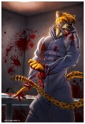 anthro blood blood_on_clothing blood_on_face blood_on_hand blood_on_wall bloody_hand_print bodily_fluids cheetah clothing corvuspointer eye_patch eyewear felid feline licking_blood male mammal solo yellow_eyes