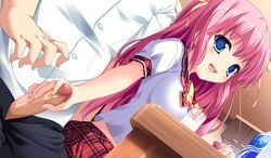 1boy blue_eyes blush brother_and_sister female game_cg handjob human human_only imouto_paradise! indoors nanase_aya_(imouto_paradise!) penis penis_grab pink_hair school_uniform skirt table uncensored