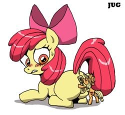 anal anus apple_bloom_(mlp) applejack_(mlp) blonde_hair cutie_mark duo earth_pony equine female feral friendship_is_magic fur green_eyes hair hair_ribbon hairbow hat horse jug licking mammal my_little_pony oral pony red_hair ribbons rimming sex size_difference tongue tongue_out young yuri