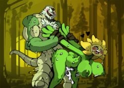 1boy 1girls 2018 anthro arm_grab ass big_breasts bittenhard blush body_hair breasts chesnaught chest_hair cum digital_media_(artwork) doggy_style duo female flora_fauna flower forest furry green_skin hambor12 hanging_breasts heart holding huge_ass interspecies male mammal muscular muscular_male nintendo nude open_mouth outdoors plant pokémon_(species) pokemon pokemon_gsc pokemon_xy prison_guard_position scalie sex shell smile straight sunflora sweat thick_thighs tongue tongue_out tree video_games white_fur white_skin wide_hips