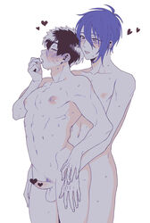 2boys anal doudanuki_masakuni erection male_only mikazuki_munechika multiple_boys muscle nipples nude penis sex simple_background smile touken_ranbu white_background yaoi