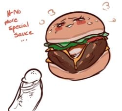 blush burger cum cum_in_food cum_inside dialogue english_text eyelashes female food food_creature humanoid_penis lightsource penis pussy_burger sexually_suggestive text what yonic_symbol