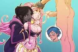 1boy 2girls after_oral ass blue_hair breast_hold c-smut-run chrom_(fire_emblem) clothed_female_nude_male cum cum_in_mouth cum_string dark_persona fire_emblem fire_emblem_awakening multiple_girls nude olivia_(fire_emblem) penis pink_hair robin_(fire_emblem) robin_(fire_emblem)_(female)