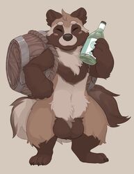 1boy 2015 4_toes 5_fingers alcohol anthro balls barrel beverage big_balls black_nose bottle brown_fur claws closed_eyes front_view fur hi_res holding_bottle holding_object japanese male male_only mammal multicolored_fur mythical seth-iova simple_background solo tan_fur tanuki toe_claws toes wine