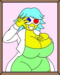 1girls 3d_glasses big_breasts blue_eyes blue_hair clothing coat dress female glasses green_dress hyper_breasts lab_coat labcoat looking_at_viewer mask pavin pavinlu photo red_eyes scientist smile smug_grin solo thick_thighs thunder_thighs v yellow_skin