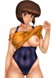 1girls animated blush breasts brown_eyes brown_hair large_breasts looking_at_viewer nabiki_tendo nipples one_breast_out pussy ranma_1/2 sakuradou shiny_skin short_hair smile solo sweat swimsuit tanline white_background