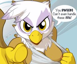 2012 ajin anthro anthrofied avian beak breasts brown_feathers clothing english_text feathered_wings feathers female friendship_is_magic gilda_(mlp) gryphon looking_at_viewer my_little_pony nipples one_breast_out pointing_at_viewer purple_feathers shirt solo text the_truth white_feathers wings yellow_eyes