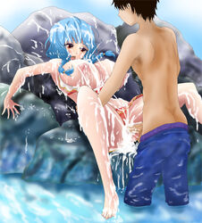 1boy aqua_hair beach bikini blush braids breasts breasts_out btk cum cum_explosion cum_on_breasts cum_on_feet cum_on_foot cum_on_hair cum_on_upper_body ebihara_mai erect_nipples female honoo_no_haramase_oppai_nyuu_doukyuusei huge_breasts lactation milk nipples open_mouth orange_eyes partially_submerged penis sea sex short_hair swimsuit uncensored