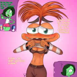 2023 alternative_version_available anxiety_(inside_out) blush blushing bra covered_nipples disgust_(inside_out) disney female_focus female_only goofy_ahh inside_out inside_out_2 jembbrowm multiple_girls orange_hair orange_skin pink_background pixar pulling_clothing skinny text