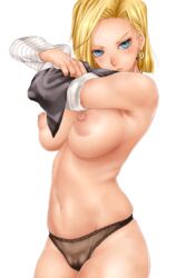 1girls android_18 animated black_panties blonde_hair blue_eyes blush bouncing_breasts breasts dragon_ball dragon_ball_z earrings female female_only large_breasts looking_at_viewer nipples panties pussy sakuradou shiny_skin short_hair solo stomach white_background