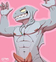 1boy 2016 abs animal_genitalia animal_penis anthro armpits diphallia diphallism erection fish hemipenes jewelry male male_only marine multi_penis muscular muscular_male necklace nipples nude penis shark simple_background smile solo teeth zawmg