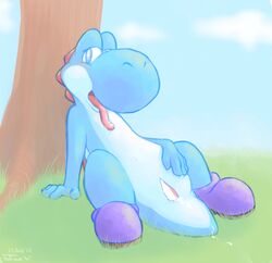 1boy charrcoal cum cyan_yoshi full_body leaning_back male male_only mario_(series) nintendo on_grass outdoors penis sitting sky solo tongue tongue_out tree yoshi