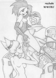 1boy 2girls argent_(dc) cyborg_(dc) dc_comics fellatio female interracial jinx_(dc) male monochrome multiple_girls oral penis raylude sketch smooth_skin teen_titans wwoec