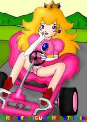 blue_eyes breasts cart clothes color crown day driving female female_only front_view headwear human kart mario_(series) mario_kart nintendo nipple_bulge outdoors panties pantyshot pink_panties princess_peach sigurdhosenfeld sitting solo straight_hair super_mario_kart tagme upskirt