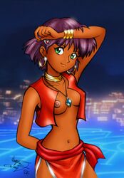 1girls 2006 bare_shoulders bob_cut bracelet breasts curvaceous dark-skinned_female dark_skin enigmawing female fushigi_no_umi_no_nadia gainax green_eyes hair_ornament hairclip hoop_earrings human jewelry large_breasts loincloth looking_at_viewer nadia_la_arwall neck_ring princess purple_hair short_hair solo vest