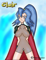 blue_hair breasts character_name clair_(pokemon) color female female_only front_view hair human human_only nintendo nipples pokemon prince_jupiter solo standing tagme vulva