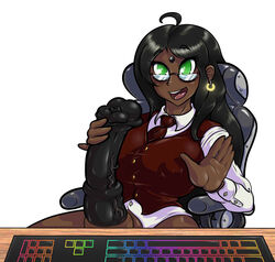 1futa adjatha animal_genitalia animal_penis atha_(tits) big_breasts black_hair black_penis bottomless breasts camgirl clothed clothing dark-skinned_futanari dark_skin desk earrings erection flared_penis futa_only futanari glasses green_eyes horsecock horsecock_futanari huge_cock human human_with_animal_genitalia keyboard large_breasts livestream looking_at_viewer medial_ring nipple_bulge office_chair open_mouth partially_clothed penis sheath sitting solo streaming tie touching_penis trials_in_tainted_space veiny_penis waving