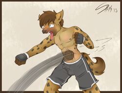 2015 anthro belly bulge erection fight fur furry gloves hyena male male_only mammal masochism mma mma_gloves navel pain penis precum punch saliva stick-shiply tongue tongue_out