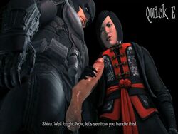 1boy 1boy1girl 1girls 3d animated animated_gif asian balls batman batman:_arkham_origins batman_(series) big_penis black_hair bodysuit bruce_wayne clothed dc dc_comics dialog dialogue english_text female from_below gif handjob interracial lady_shiva lady_shiva_(arkham_origins) male male/female penis perspective quick_e sandra_wu-san source_filmmaker testicles uncensored