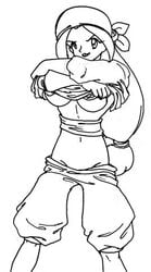 bandana black_and_white breasts captain_syrup empty_(artist) female female_only human large_breasts long_hair low-tied_long_hair mario_(series) monochrome nintendo pants rough_sketch shirt_lift solo standing straight_hair underboob undressing wario_land white_background