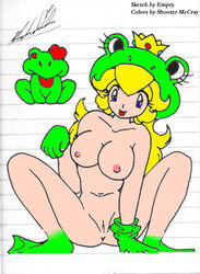 breasts color crown empty_(artist) female female_only frog_costume front_view hair human long_hair mario_(series) nintendo princess_peach solo squatting straight_hair super_mario_bros._3 tagme vulva yellow_hair