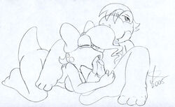 1boy 1girls anthro barefoot birdo bow breasts claws closed_eyes exposed_breasts fellatio female hair half-closed_eyes hope(n_forever) interspecies licking_penis male mario_(series) nintendo nudity open_mouth oral penis penis_on_tongue sketch spots straight straight_hair tail tongue tongue_out yoshi