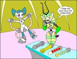 2d 2girls cheesy_joke female female_only gynoid humanoid jenny_wakeman manuel_hogflogger multiple_girls my_life_as_a_teenage_robot queen_vexus robot robot_girl robot_humanoid smooth_skin teenager vexus xj-9 yuri