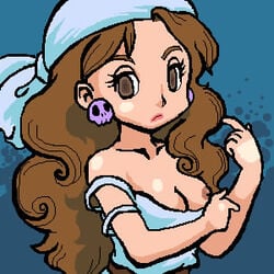 bandana blue_background blue_bandana brown_eyes brown_hair captain_syrup curly_hair ear_piercing eyelashes female female_only frown human long_hair looking_at_viewer mario_(series) nintendo nipple_slip one_breast_out solo straight_hair wario_land